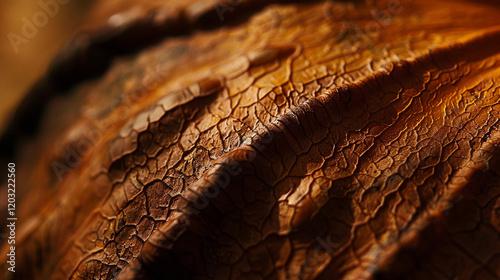 A macro view of the textured surface of a pumpkin, with subtle ridges and earthy orange tones. photo