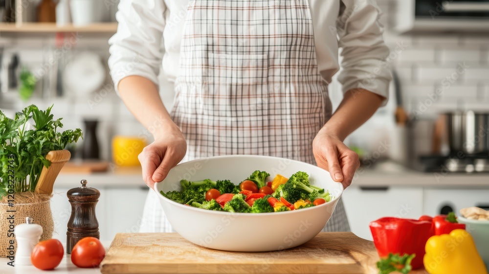 A person in an apron holds a large bowl of fresh salad, showcasing vibrant vegetables in a cozy kitchen setting. A person in an apron holds a large bowl of fresh salad, showcasing vibrant vegetables in a cozy kitchen setting.