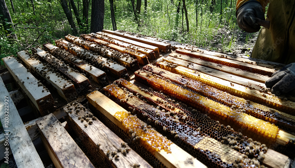 Frames of a bee hive. Beekeeper harvesting honey. The bee smoker is used to calm bees before frame removal. Beekeeper Inspecting Bee Hive Frames of a bee hive. Beekeeper harvesting honey. The bee smoker is used to calm bees before frame removal. Beekeeper Inspecting Bee Hive