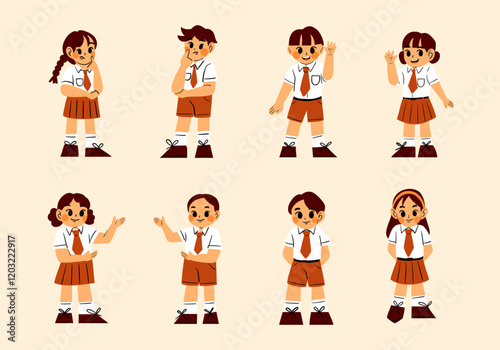 School Children in Uniform Illustration Set. A set of eight illustrations featuring schoolchildren in uniforms, showcasing cheerful and thoughtful poses. Perfect for education themes