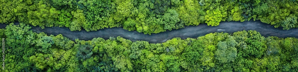 Naklejka premium River Winding Through Lush Forest: An aerial view captures a tranquil river snaking its way through a dense, vibrant green forest, creating a stunning natural pattern. 