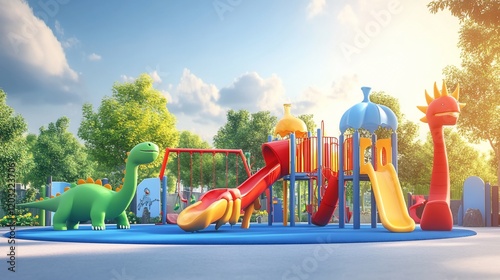 Colorful playground with slides, swings, and dinosaur statues in a sunny park. photo