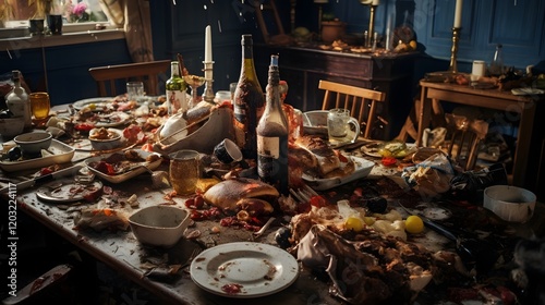 Messy dining table aftermath following a lively party with leftover food spilled drinks and signs of overindulgence and revelry photo