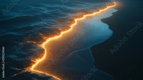 Glowing shoreline at night. Dark blue water meets a fiery orange line along the sand.