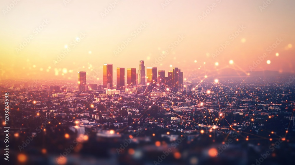 Obraz premium Sunset cityscape with network connections.