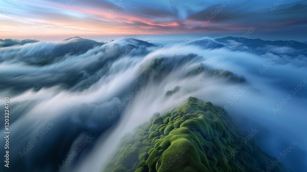 Fototapeta premium A surreal long exposure of mist rising from a forest floor at sunrise, with detailed moss textures.