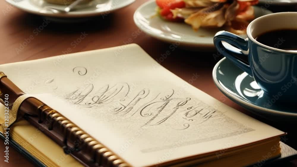 A close-up of a notebook with elegant calligraphy, resting on a wooden desk with a cup of coffee and plate in the background. 4k Video footage.
