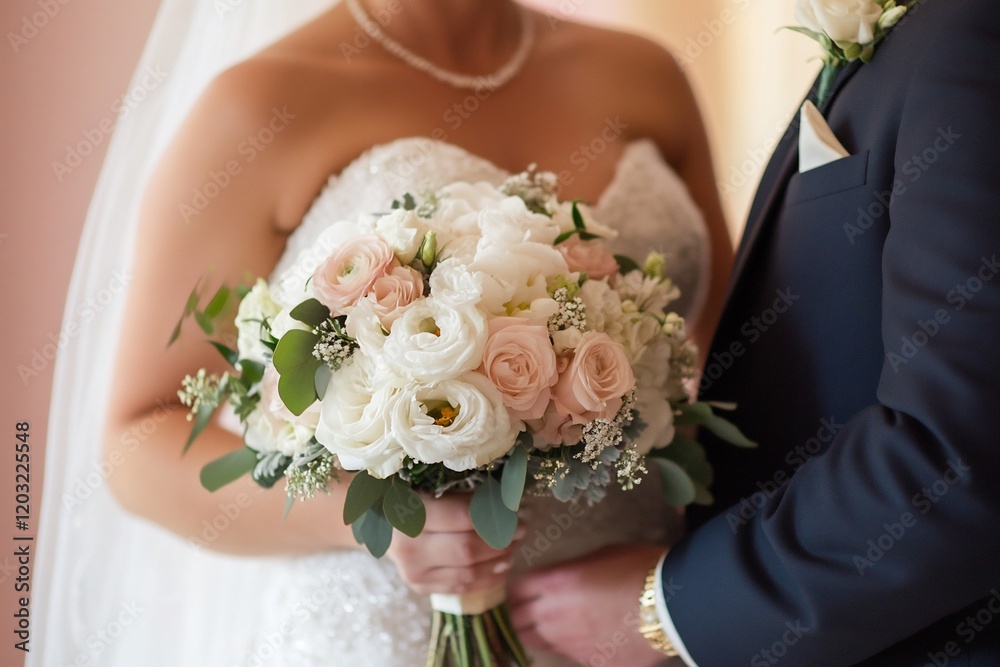 Close-up of bride and groom holding a beautiful wedding bouquet of white and blush roses, ranunculus, and eucalyptus. Close-up of bride and groom holding a beautiful wedding bouquet of white and blush roses, ranunculus, and eucalyptus.