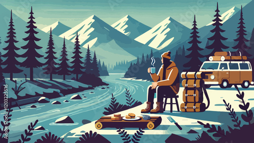 an adventurer enjoying a cup of coffee and a plate of bread by the side of a small river, with views of snowy mountains and dense forests