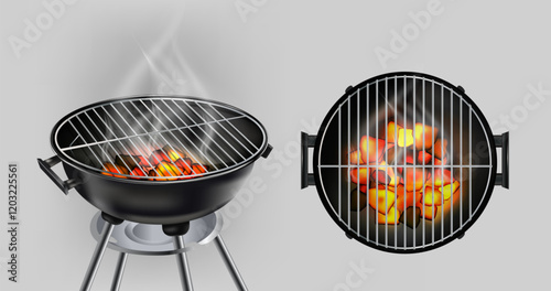3d realistic vector icon illustration. Cooking appliance, meat barbecue grill with hot fire coals and smoke in top and side view. 