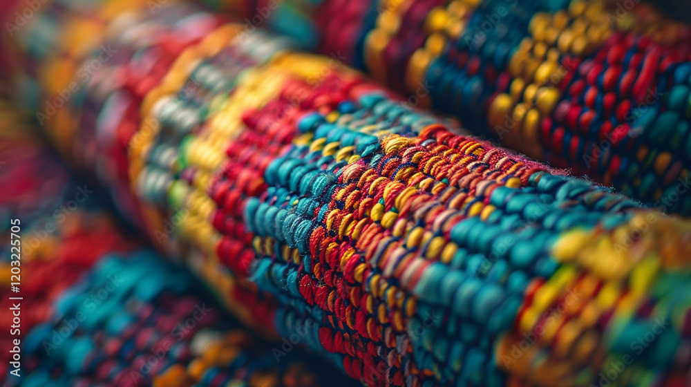 A vibrant close-up of a woven textile in bright tribal patterns, with sharp textures and vivid colors. A vibrant close-up of a woven textile in bright tribal patterns, with sharp textures and vivid colors.