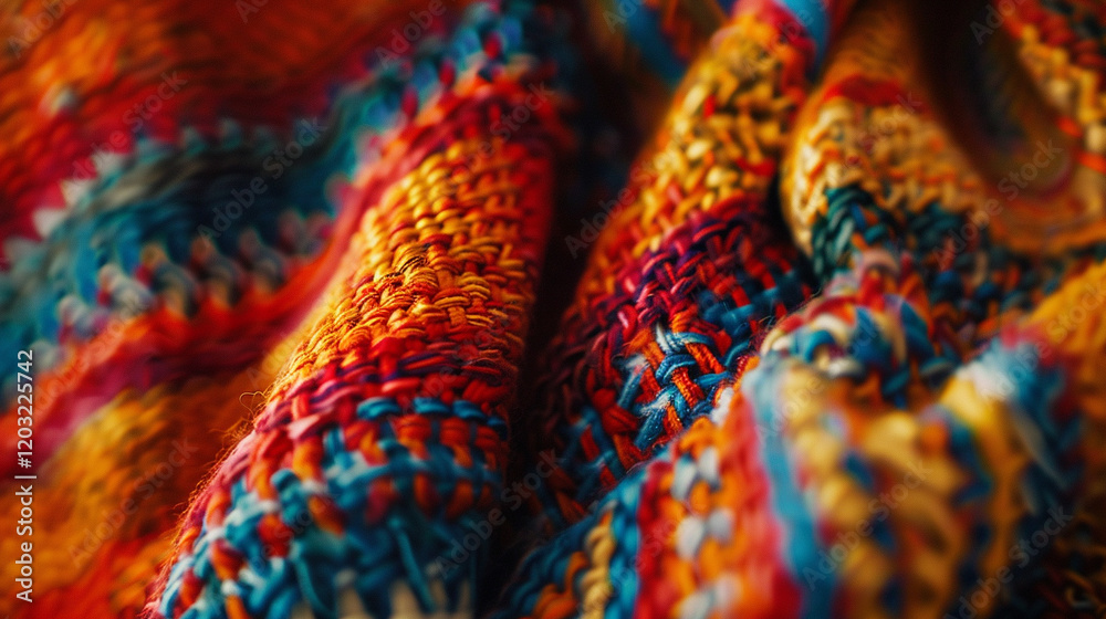 A vibrant close-up of a woven textile in bright tribal patterns, with sharp textures and vivid colors.