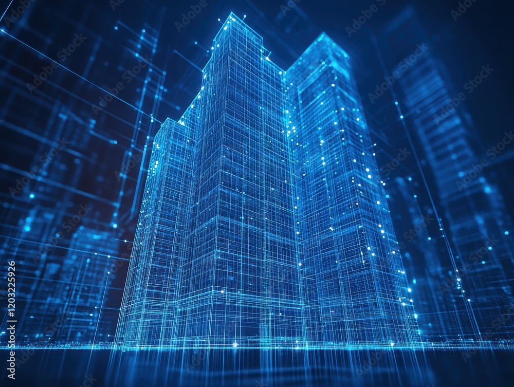 Futuristic Digital Cityscape with Glowing Blue Lines Representing Modern Architecture and Technological Innovation in a Digital Environment Futuristic Digital Cityscape with Glowing Blue Lines Representing Modern Architecture and Technological Innovation in a Digital Environment