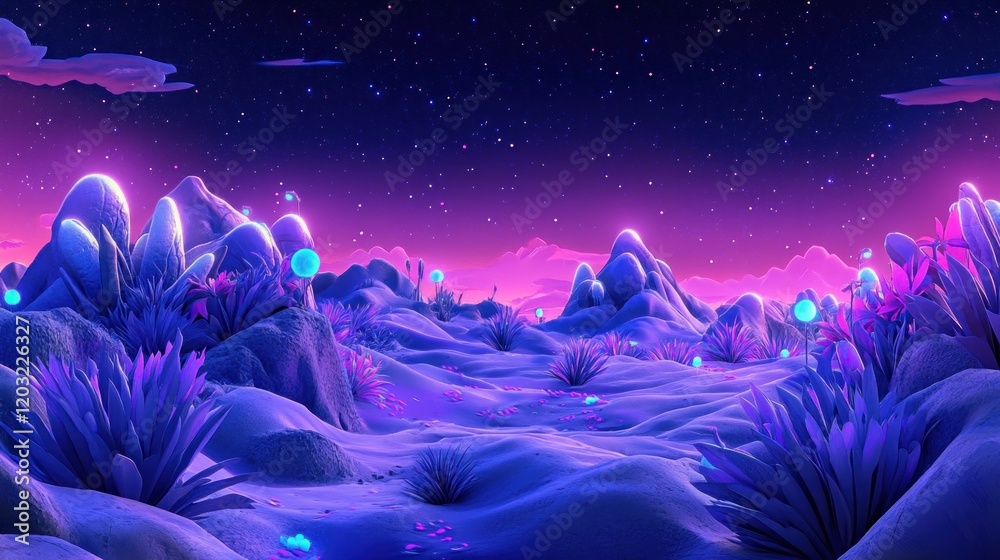 Fototapeta premium Futuristic Alien Landscape with Glowing Plants and Purple Starry Sky