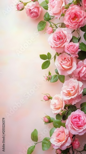 A beautiful arrangement of pink roses cascading elegantly against a soft, pastel background, Valentine.
