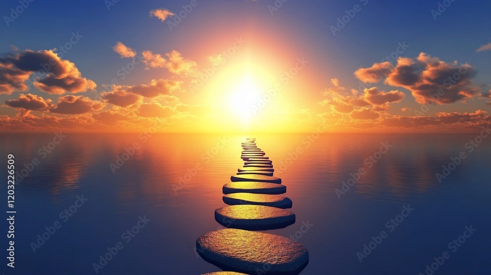 Obraz premium Serene sunset over calm ocean with stepping stones leading to radiant sun.