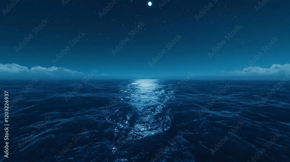 Fototapeta premium Night ocean scene with moonlight reflecting on water surface.
