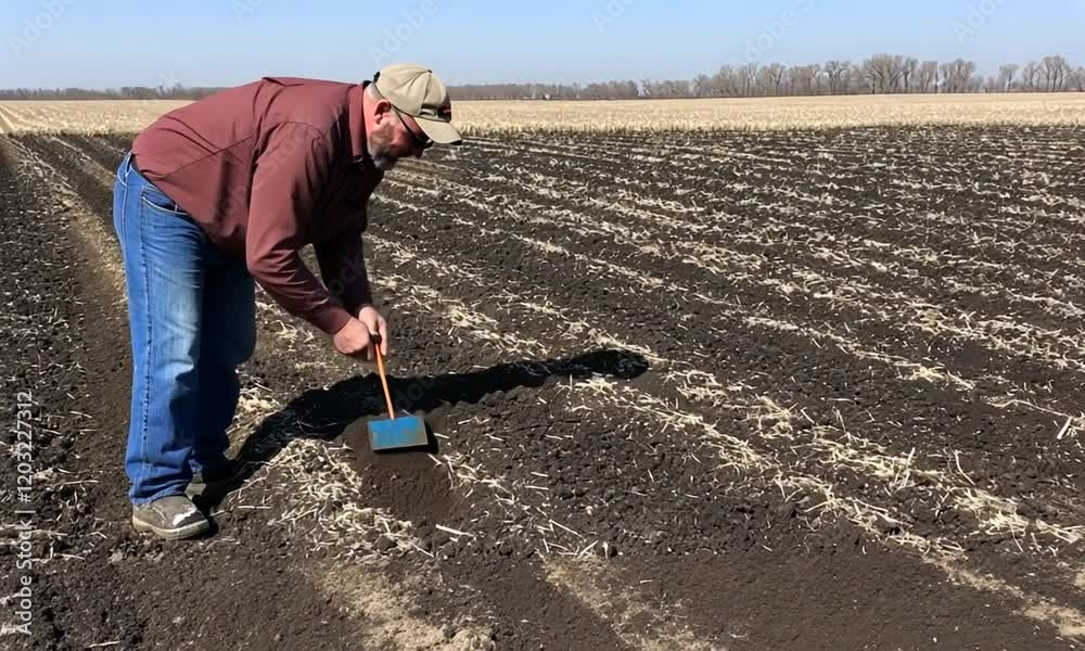 Farmer Examining Soil in a Prepared Field Farmer Examining Soil in a Prepared Field