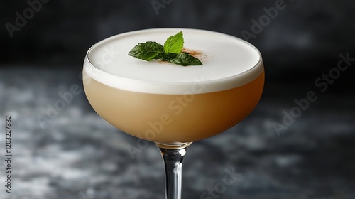 Creamy, light-brown cocktail in coupe glass, garnished with mint.