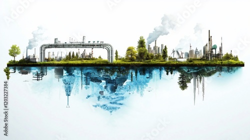 Industrial landscape reflected in water, showing factories, nature, and infrastructure.