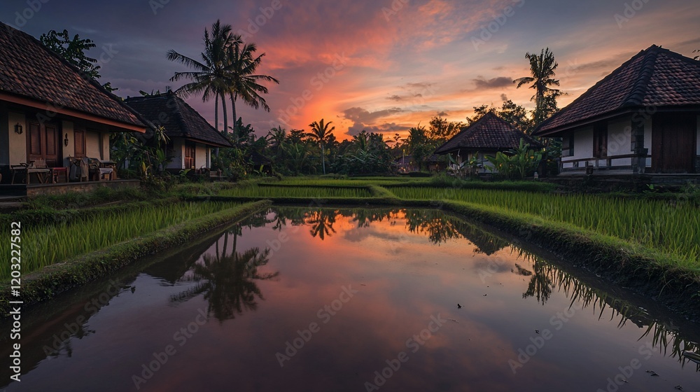 Vibrant sunset over tranquil rice paddies and traditional houses. Vibrant sunset over tranquil rice paddies and traditional houses.