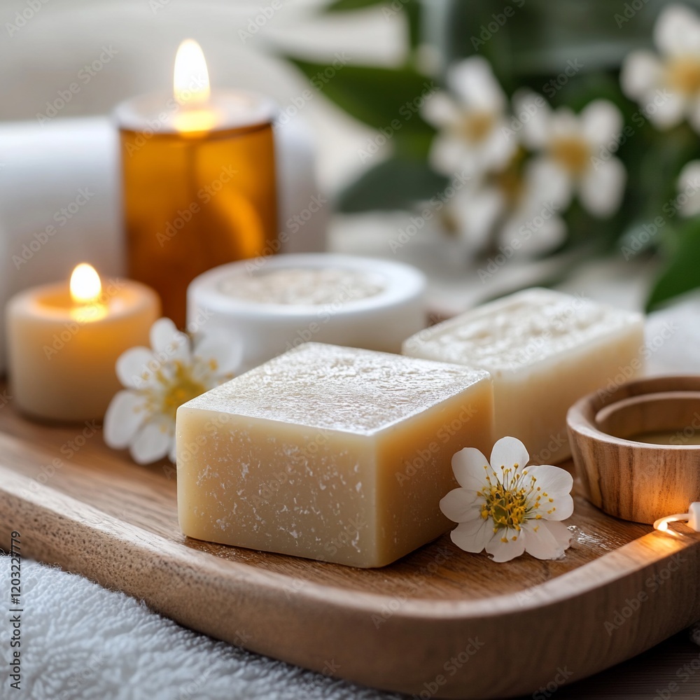 Spa setting with handmade soap, candles, and flowers on wooden tray. Spa setting with handmade soap, candles, and flowers on wooden tray.