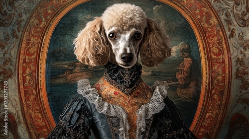 A regal poodle dressed in an ornate historical gown, set against a richly detailed background. photo