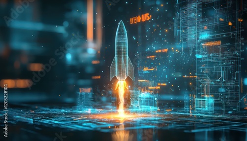 Financial success and rapid growth depicted with a holographic rocket by a professional.