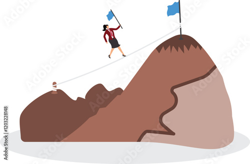 Ambition to success and achieve target career growth or business goals challenge to win achievement or victory concept motivated businesswoman reach mountain peak aiming to achieve higher target