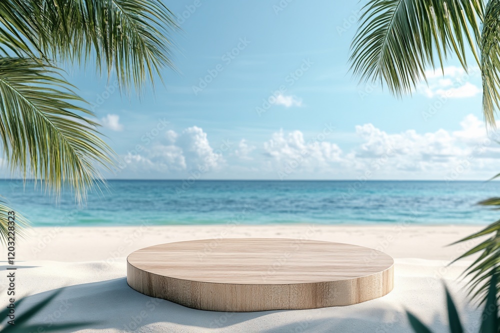 Tropical beach scene with wooden display platform. (3) Tropical beach scene with wooden display platform. (3)