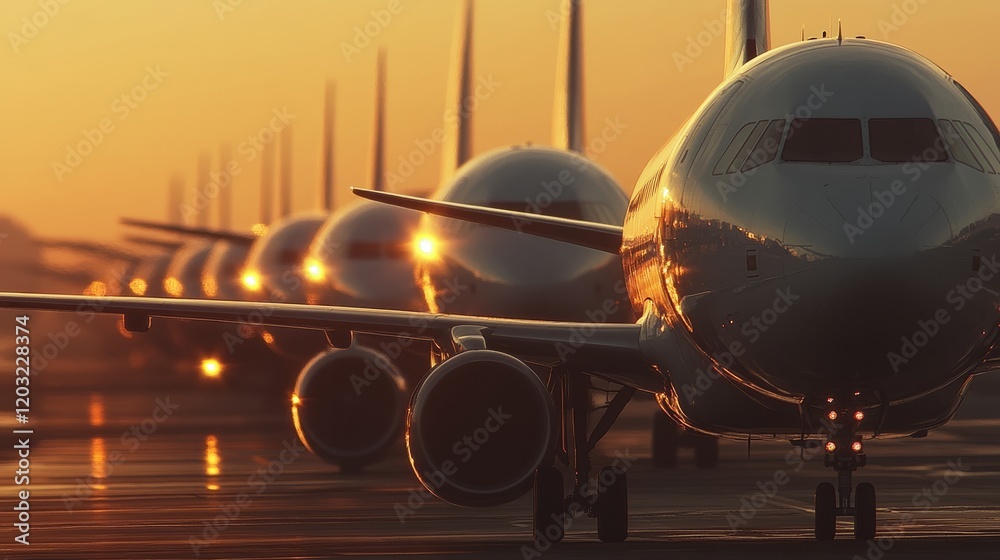 Fototapeta premium A row of passenger airplanes lined up on the runway, their white fuselages gleaming in the fading light of a summer sunset, ready for departure