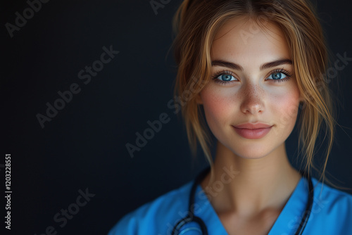 Beautiful Woman in Blue Scrubs with Stethoscope photo