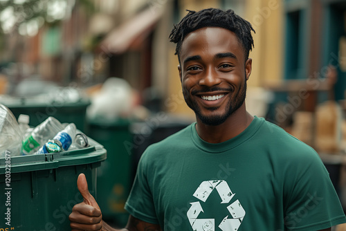 African Man in Green T-Shirt with Recycling Logo photo