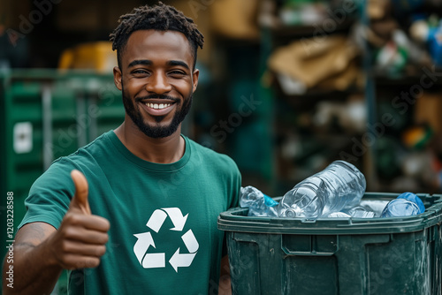 African Man in Green T-Shirt with Recycling Logo photo