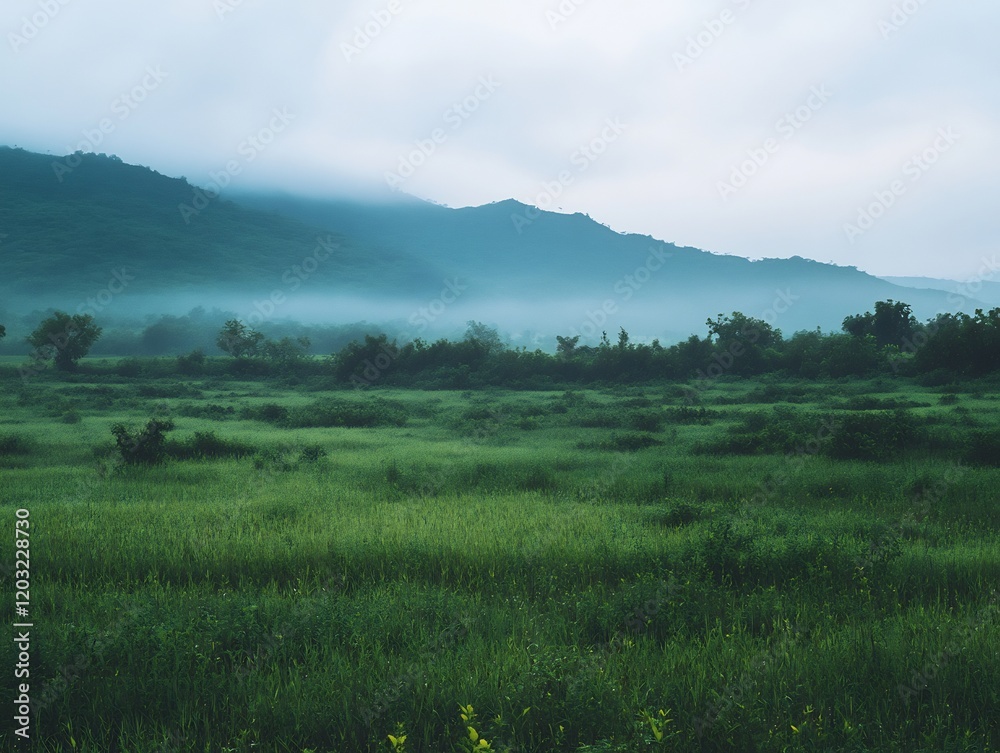 Serene misty valley landscape sprawling green fields. AI Generated Serene misty valley landscape sprawling green fields. AI Generated