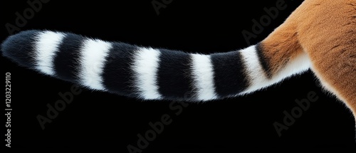 Animal illustration style concept. Furry animal tail with black and white stripes against a dark background.