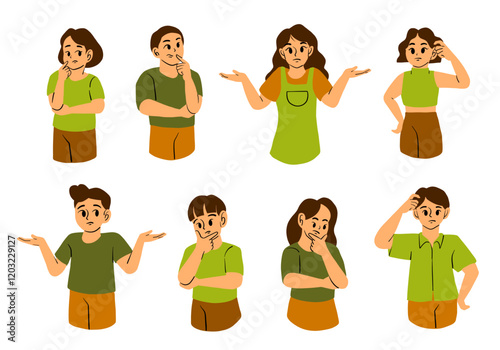 Expressive Character Gesture Illustration Set. A collection of eight expressive illustrations showcasing characters in thoughtful, questioning, and confused poses