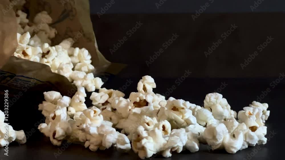 Fresh popcorn in paper bag made in a microwave on grey kitchen table