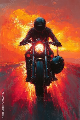 Motorcycle rider sunset fiery landscape. photo