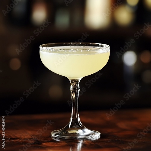 A refreshing margarita cocktail in a coupe glass, garnished with salt, sits on a dark wooden bar.