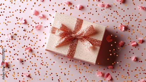 Pink gift box with ribbon on confetti background for celebration photo