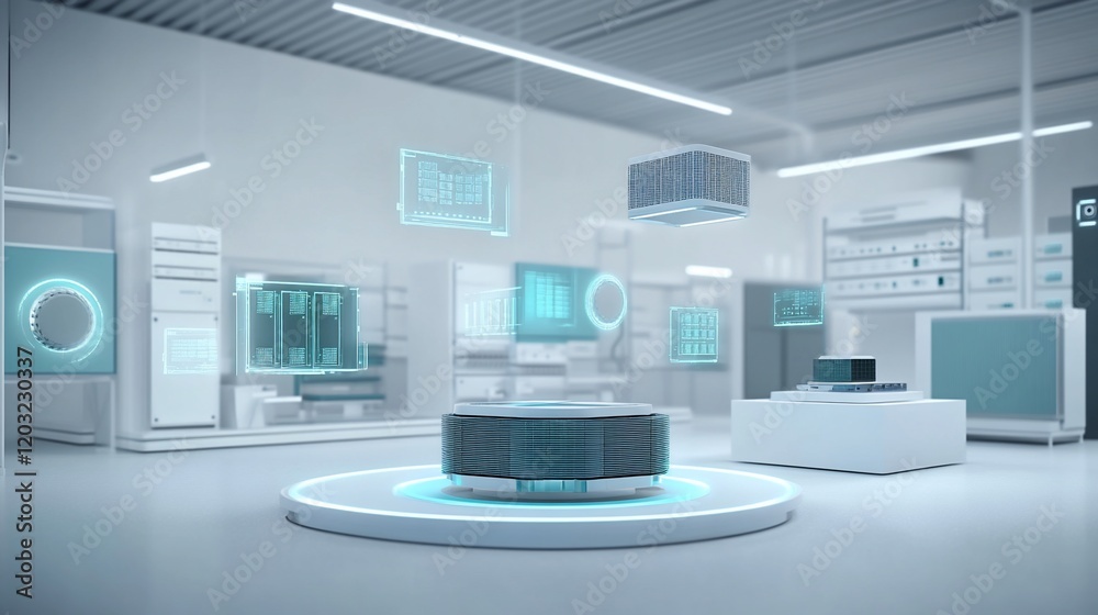 Futuristic tech showroom with smart devices and holographic displays.