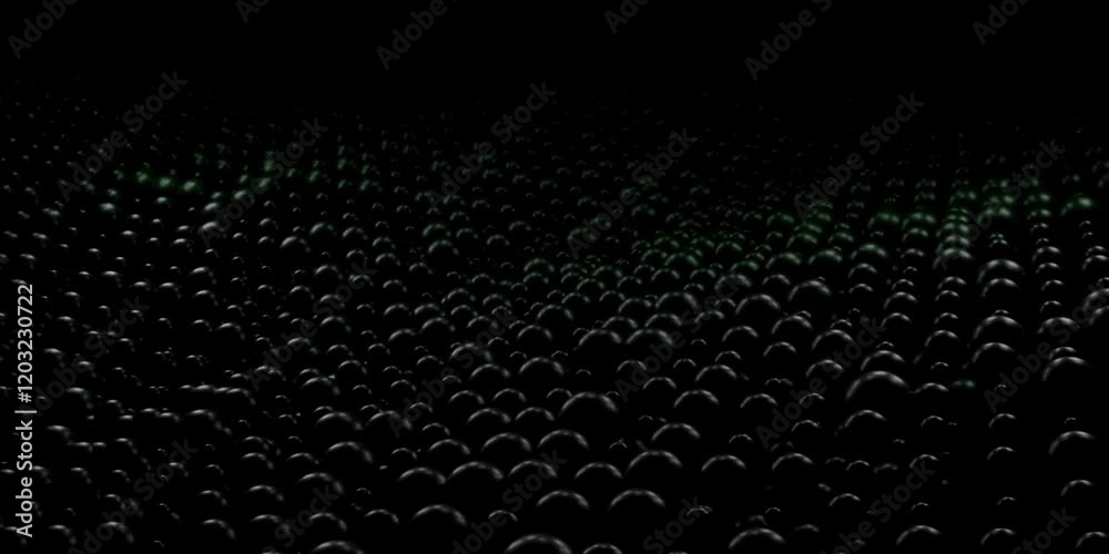 An abstract dark composition featuring a wave-like formation of glossy black spheres against a pitch-black background. The spheres are illuminated subtly, creating a sense of depth, texture, and myste