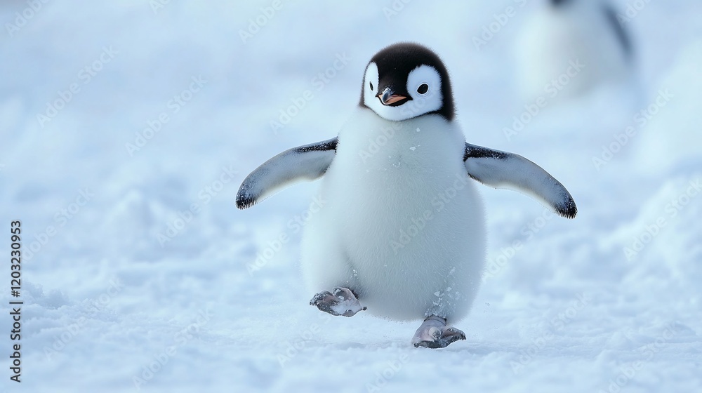 Obraz premium Adorable penguin chick waddling on snow.