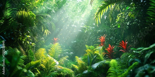 Luminous Rainforest: Sunlit Canopy and Vibrant Flora photo