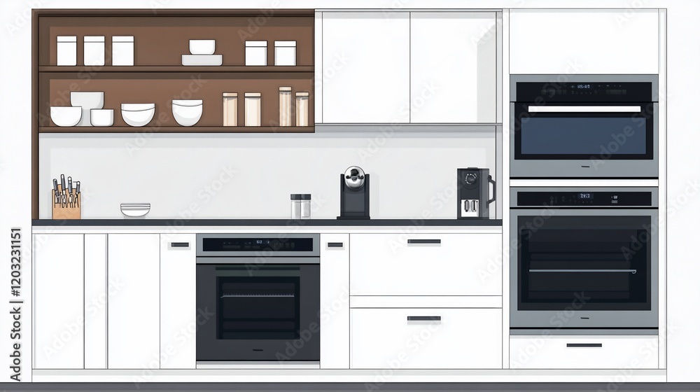 Fototapeta premium Modern kitchen design with white cabinets, stainless steel appliances, and wood shelving.