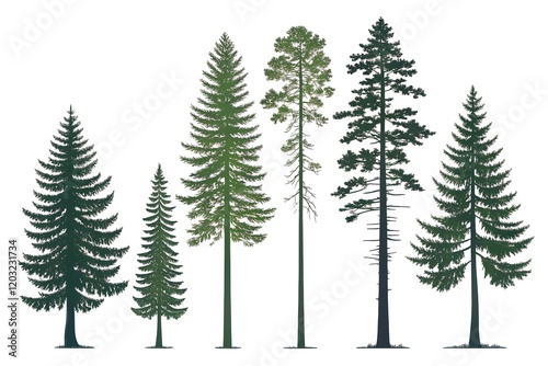 Set of realistic tree silhouettes, isolated coniferous trees