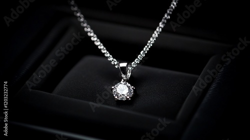 Elegant diamond solitaire pendant necklace in black jewelry box.