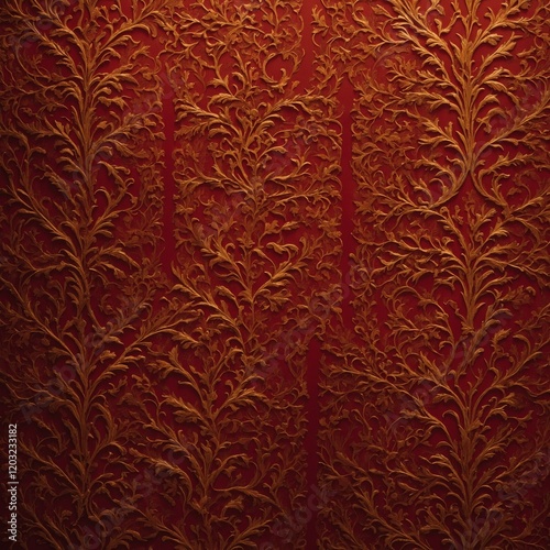 Extreme close-up of a textured yellowish-red wallpaper featuring intricate patterns, set against a vibrant red background. 