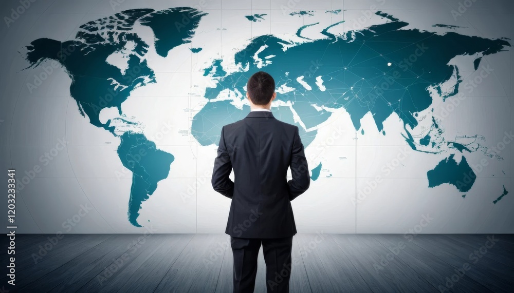Global Business Vision: Businessman Contemplating World Map Global Business Vision: Businessman Contemplating World Map